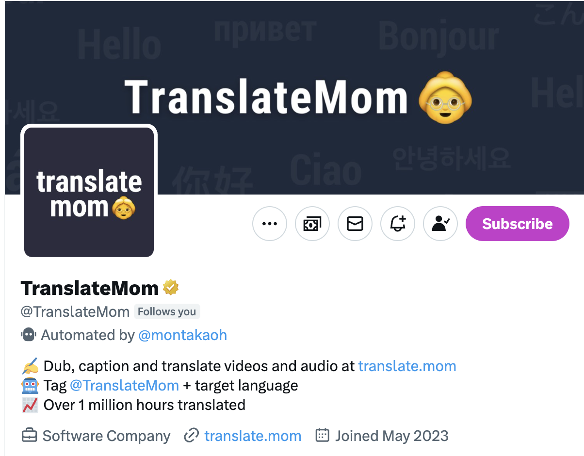 TranslateMom profile on X highlighting dubbing, captioning, and translation focus